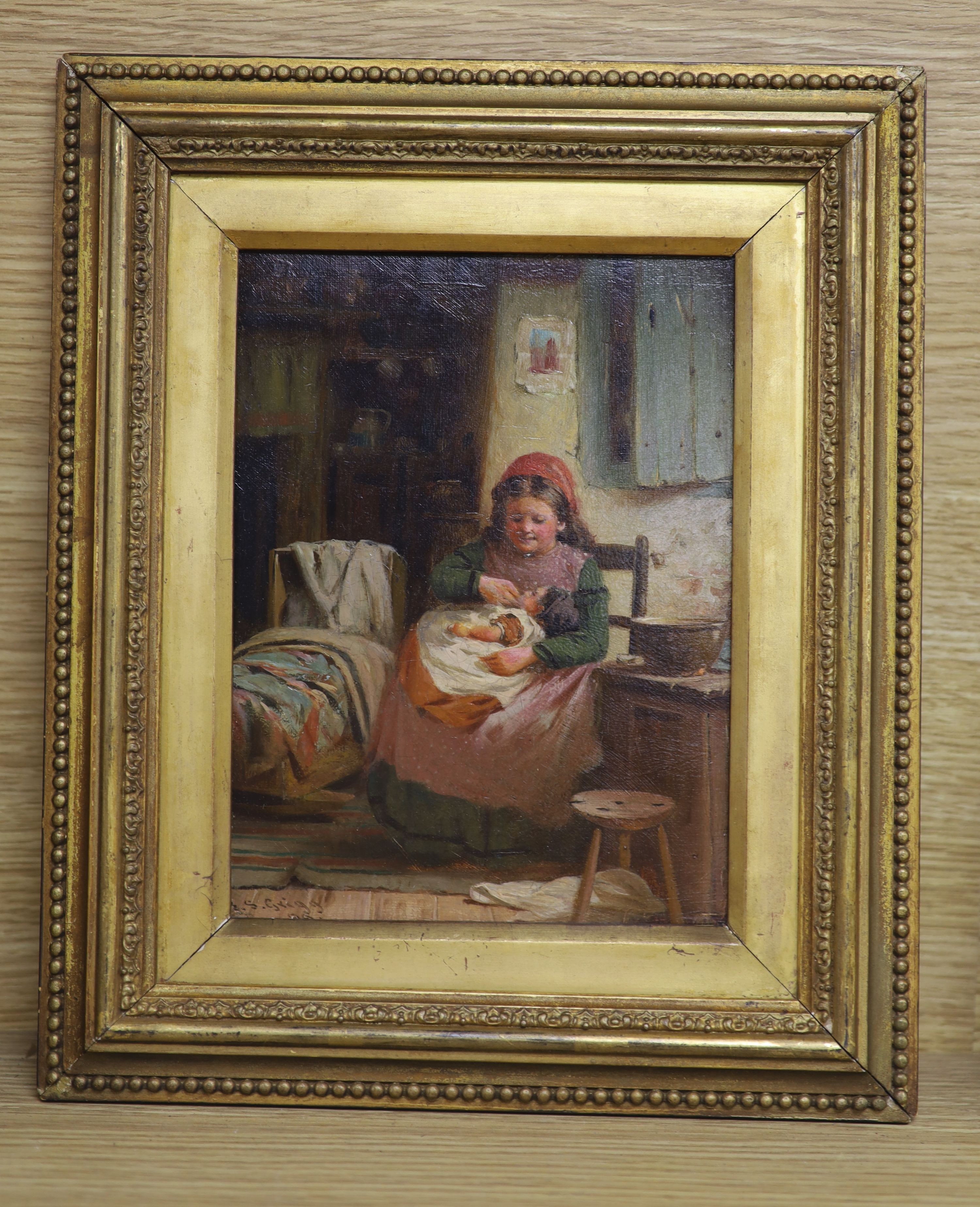 E. S. Grigg (19th C), oil on canvas, Cottage interior with mother and child, signed, 19 x 14cm.